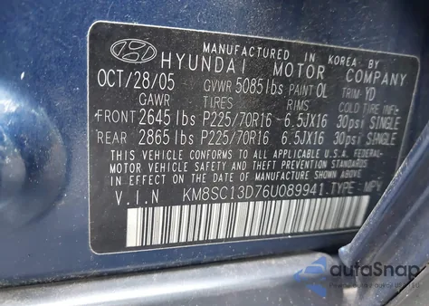 2006 Hyundai Santa Fe Gls z USA, uszkodzony, nr VIN KM8SC13D76U089941